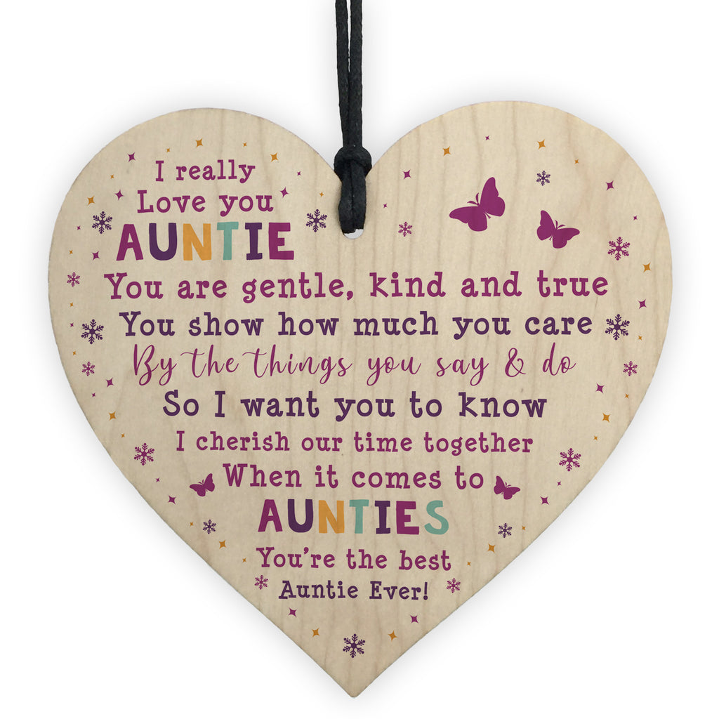 Auntie Sentiment Heart Wooden Plaque Gift - Hugs & Friendship Quote - Hanging Wall Decor - Brown Finish
